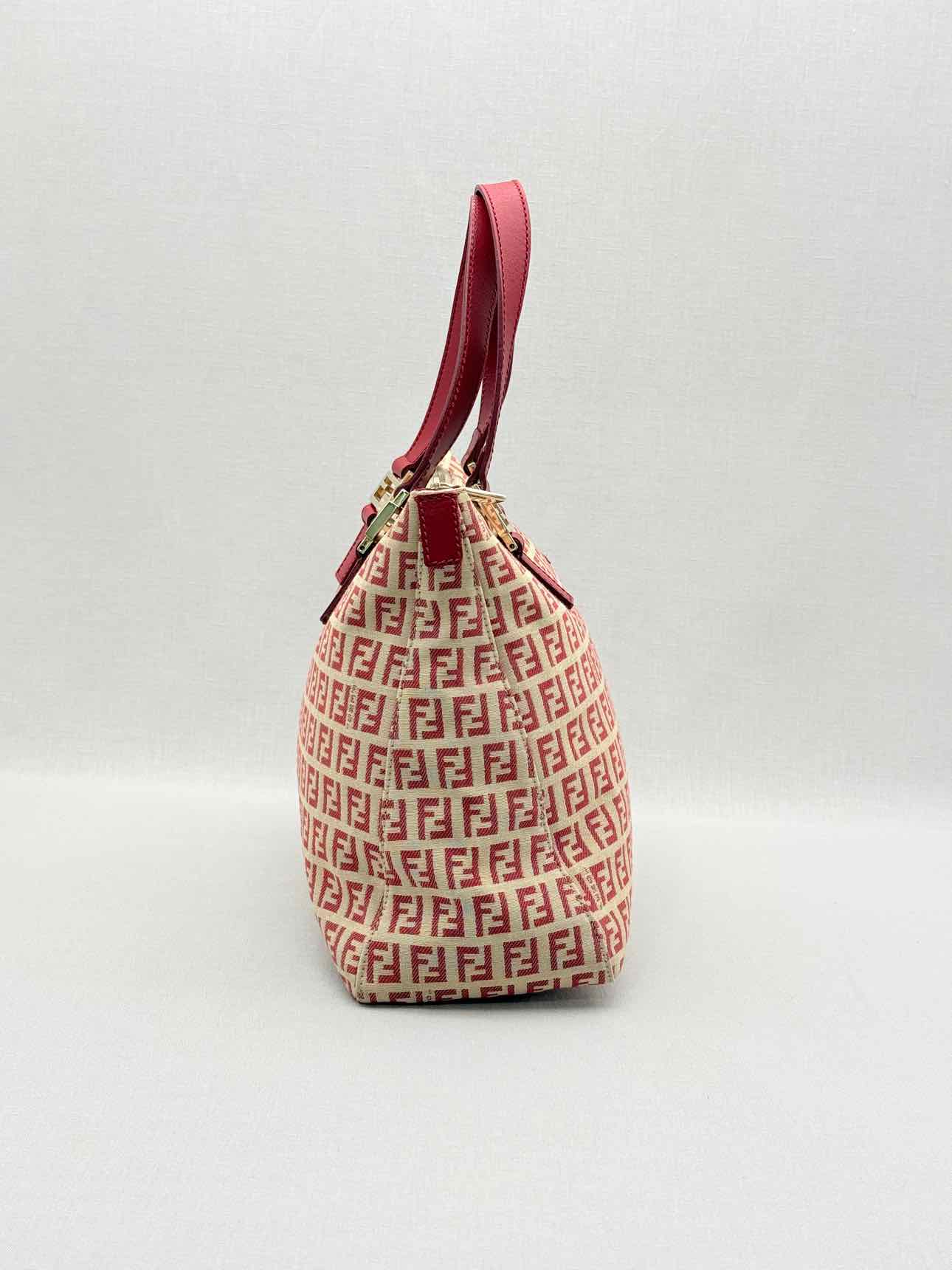 FENDI Shopping Cream & Burgundy Zucchino Tote Bag