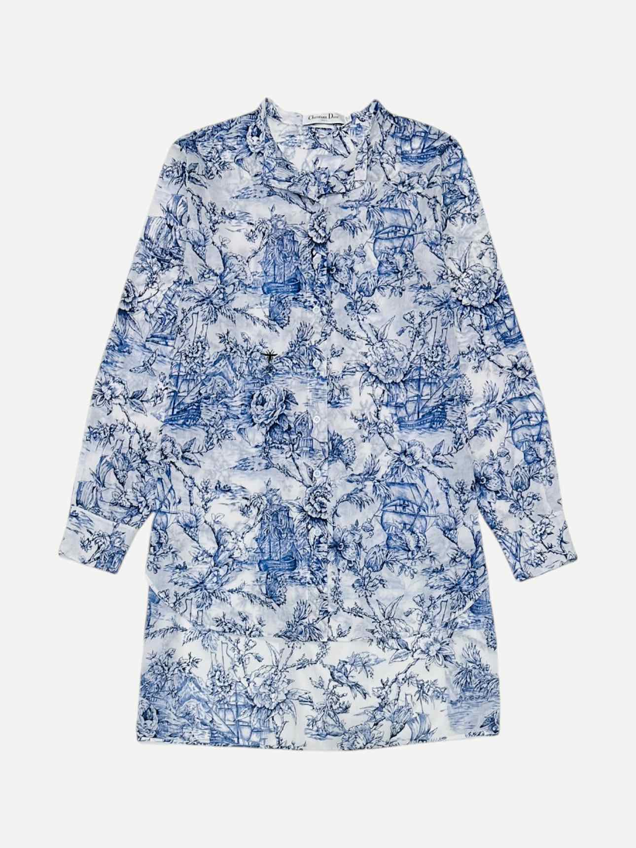 DIOR Mini Length White & Blue Toile De Jouy Shirt Dress