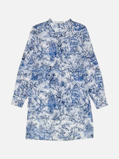 DIOR Mini Length White & Blue Toile De Jouy Shirt Dress