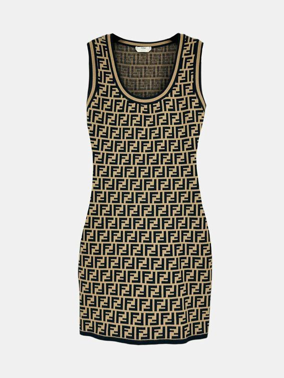 FENDI Beige & Black FF Motif Size Small Short Dress