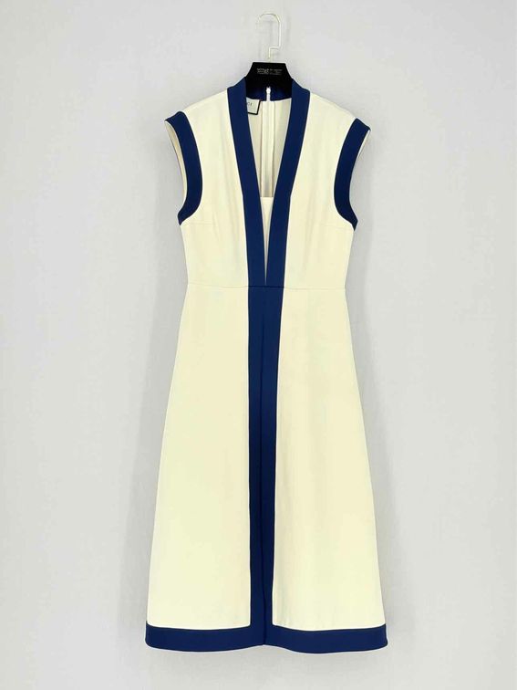 GUCCI Cream w/ Blue Contrast Trim Size Small Midi Dress