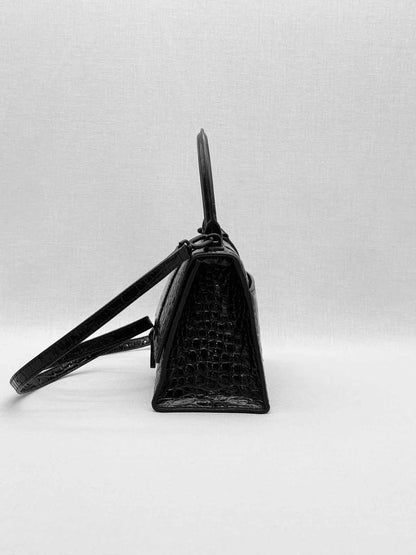BALENCIAGA Hourglass Black Croc Embossed Top Handle