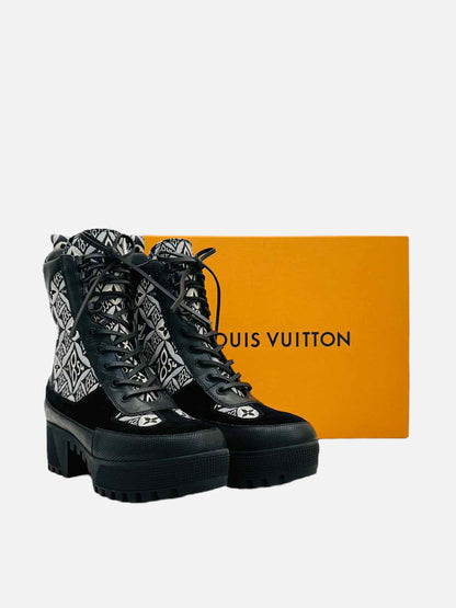 LOUIS VUITTON Black & White Monogram Ankle Boots 40