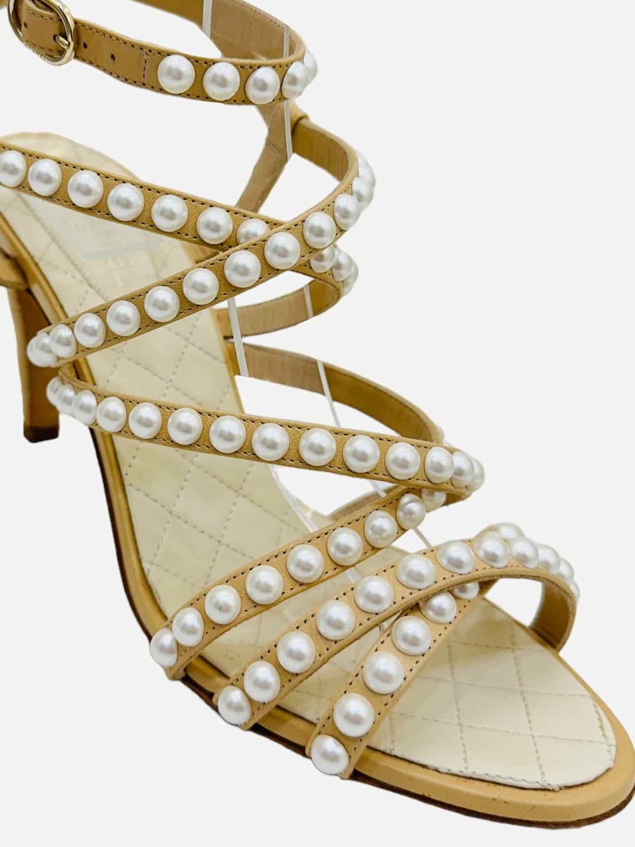 CHANEL Ankle Strap Beige & White Heeled Sandals 38