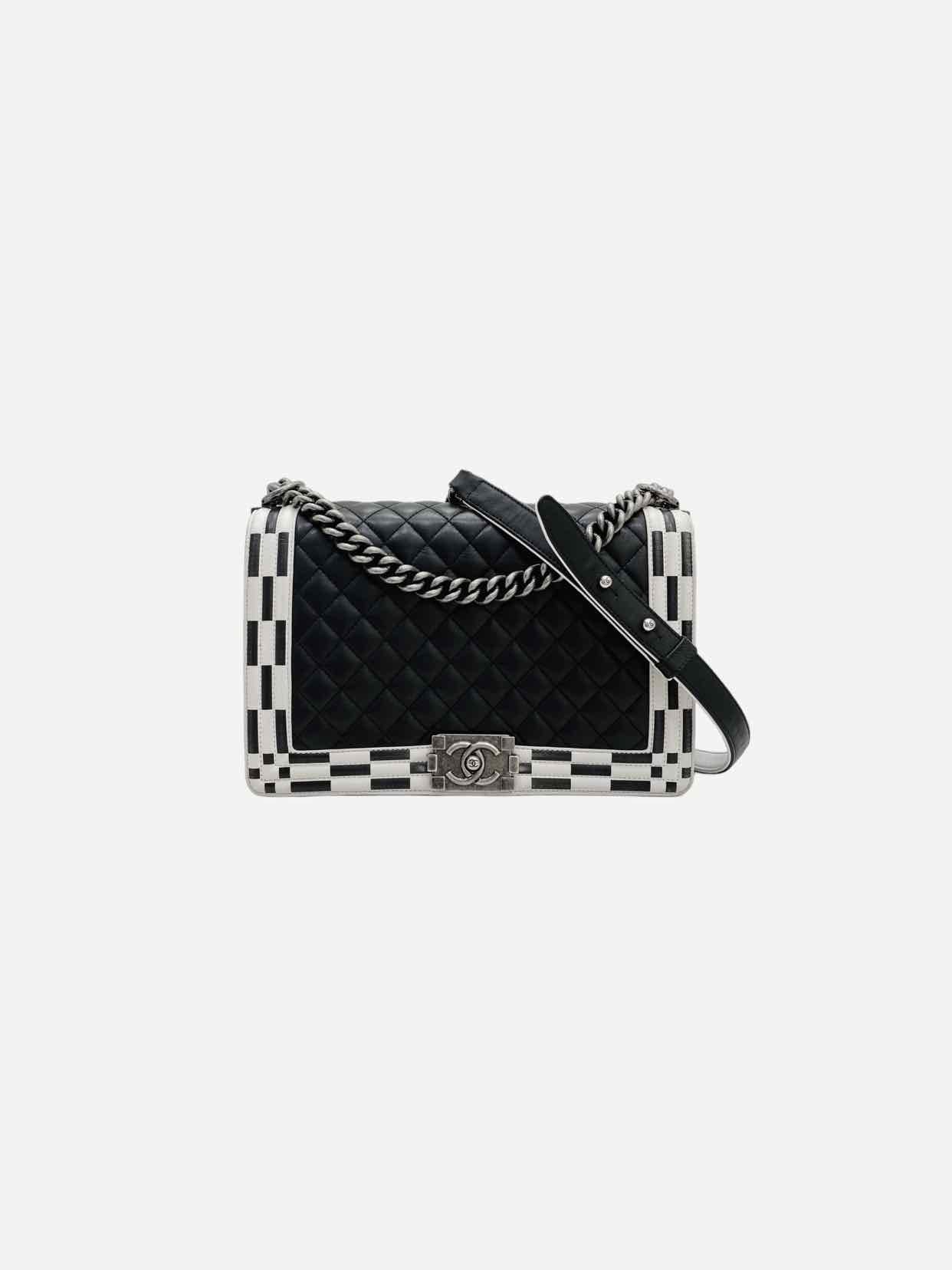 CHANEL Boy Black & White Checkerboard Trim Shoulder Bag