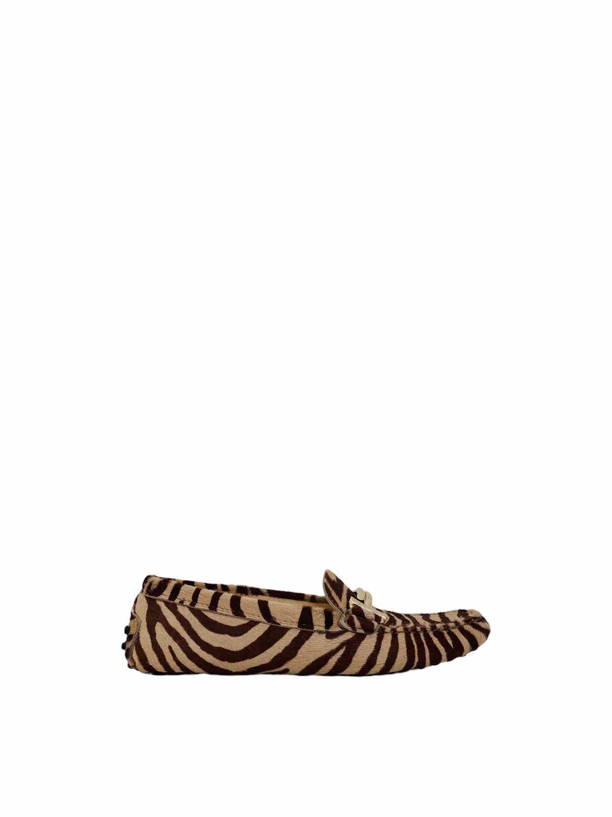 TOD'S Brown & Beige Zebra Print Loafers 35.5