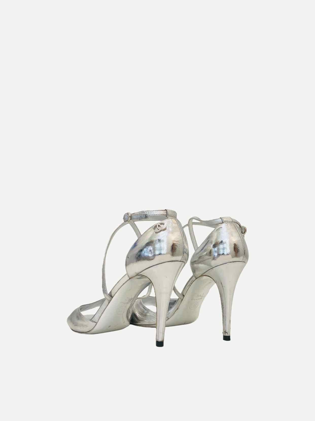 CHANEL Strappy Metallic Silver Heeled Sandals 41 Reems Closet