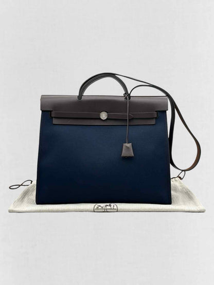 HERMES Herbag Zip Brown & Navy Blue Top Handle