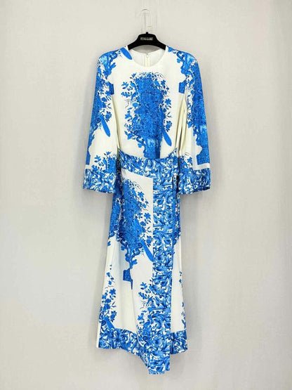 VALENTINO White & Blue Size US 4 Midi Dress