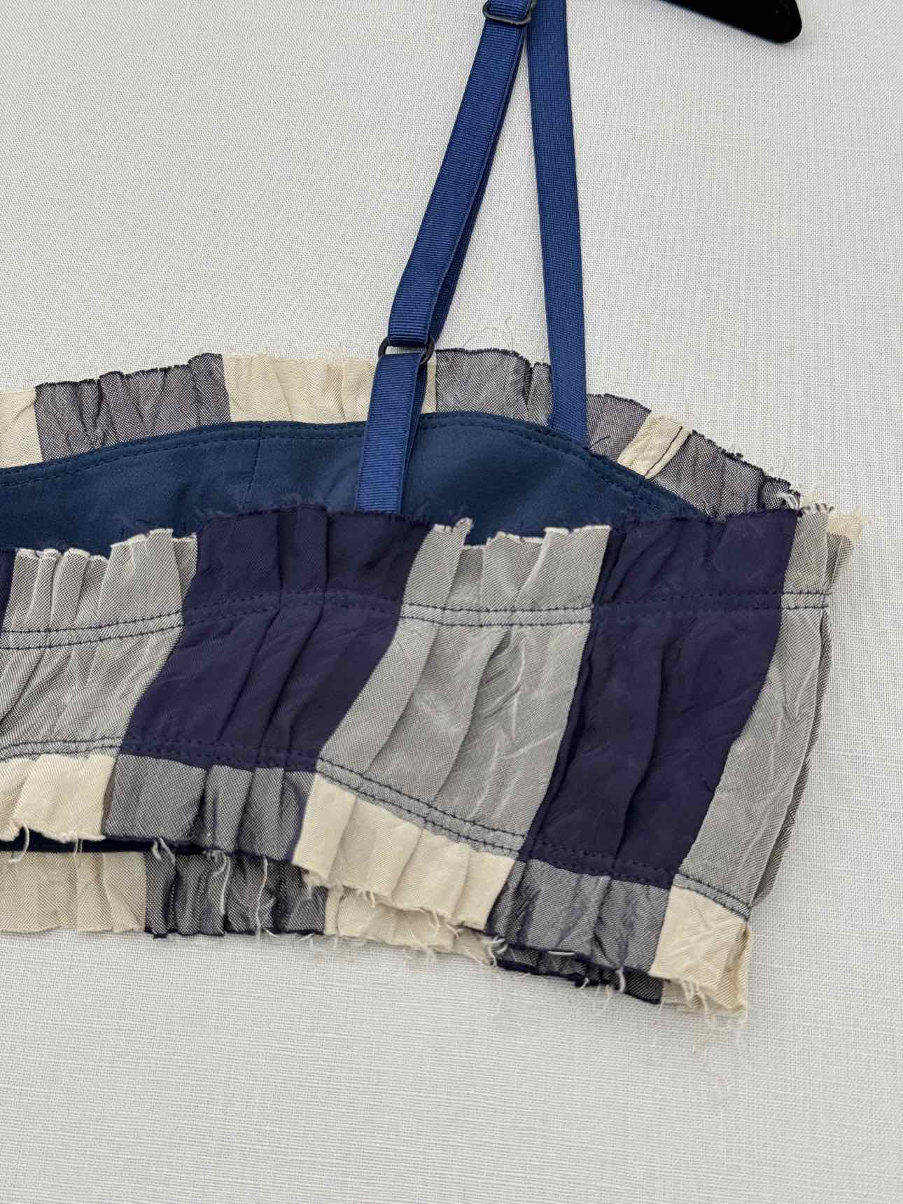 KHAITE Indira Blue & Cream Check Bra Top