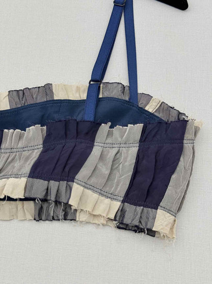 KHAITE Indira Blue & Cream Check Bra Top