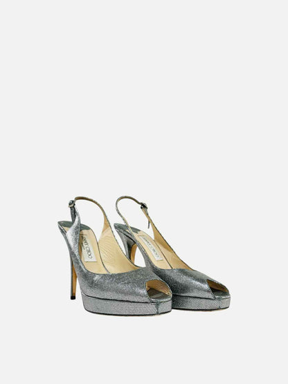 JIMMY CHOO Coarse Glitter Silver Slingbacks 38.5