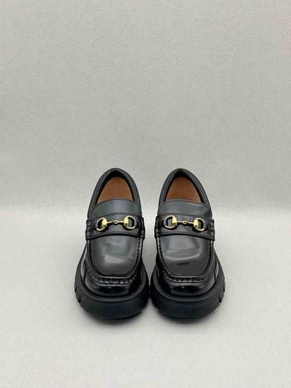 GUCCI Lug Sole Black Horsebit Size EU 37.5 Loafers