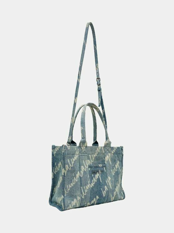 BALENCIAGA Scribble Blue & White Logo Tote Bag