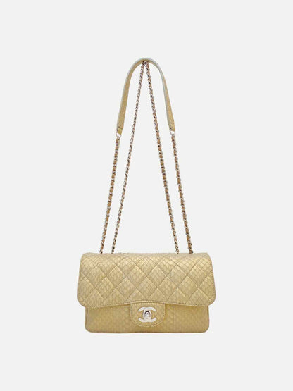 CHANEL 3 Accordian Flap Beige Quilted Shoulder Bag