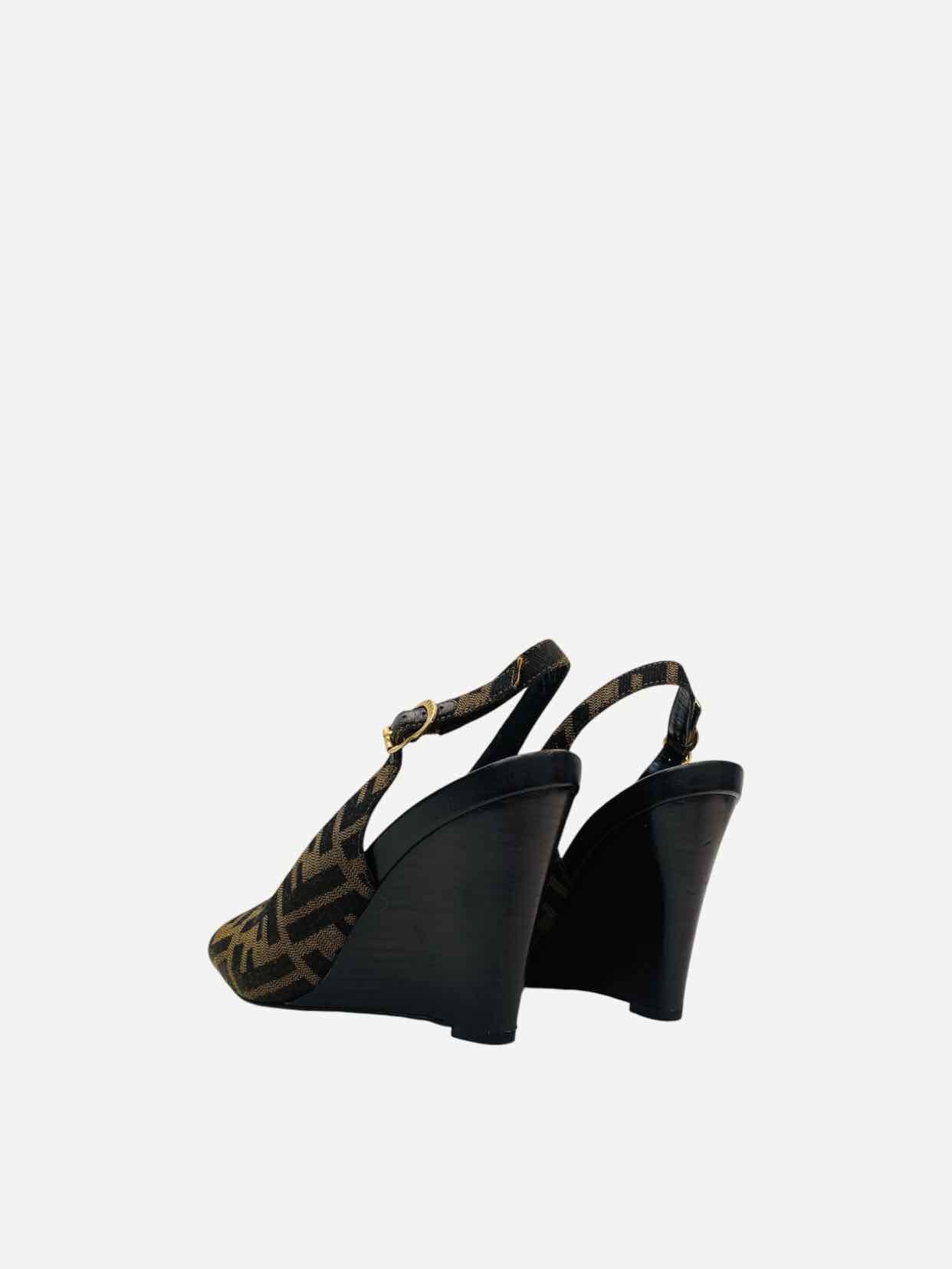 FENDI Slingback Black & Brown FF Motif Wedges 39