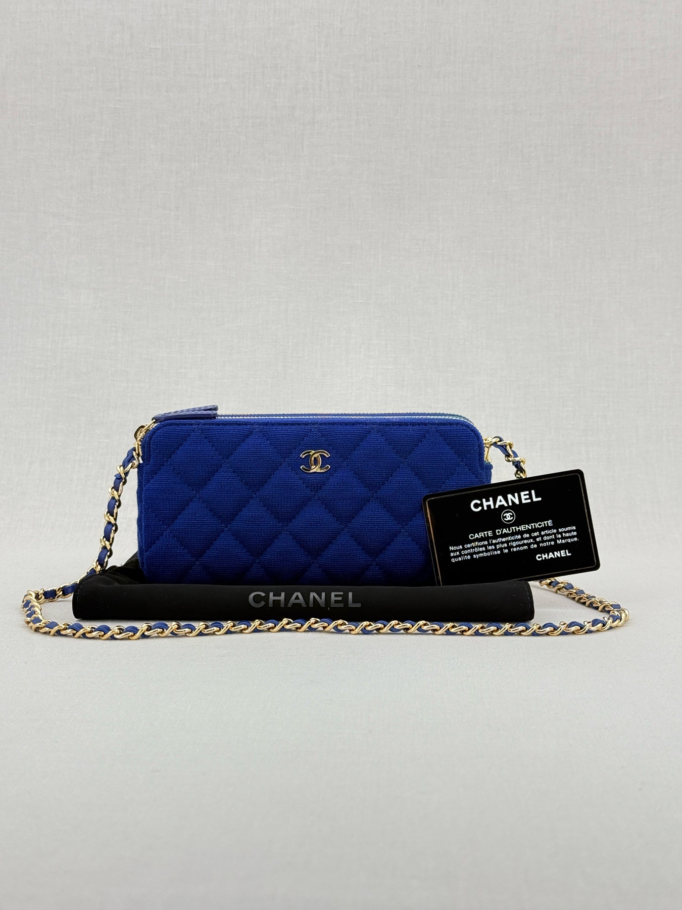 CHANEL Double Zip WOC Blue Quilted Crossbody