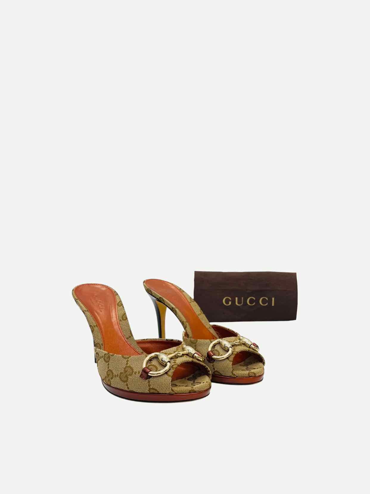 GUCCI Horsebit Brown GG Mules 36