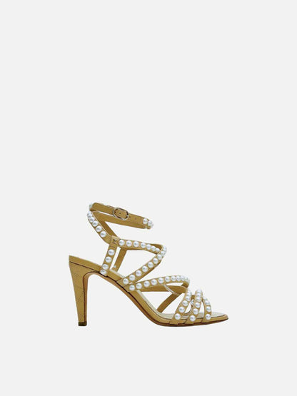 CHANEL Ankle Strap Beige & White Heeled Sandals 38