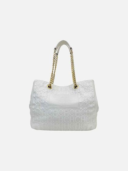 CAROLINA HERRERA Bow White Monogram Embossed Tote Bag