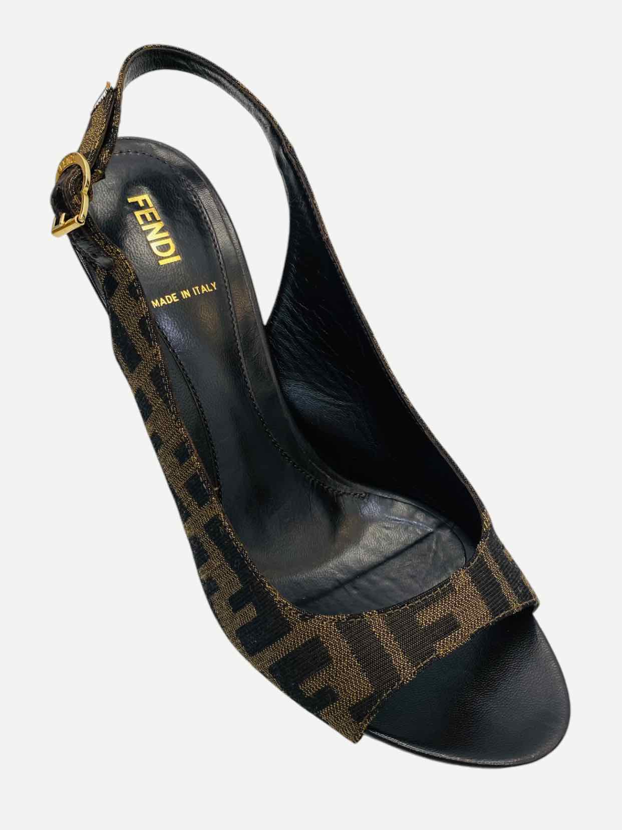 FENDI Slingback Black & Brown FF Motif Wedges 39