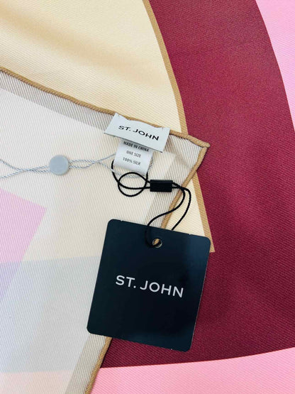 ST. JOHN Beige, Pink & Burgundy Square Print Scarf