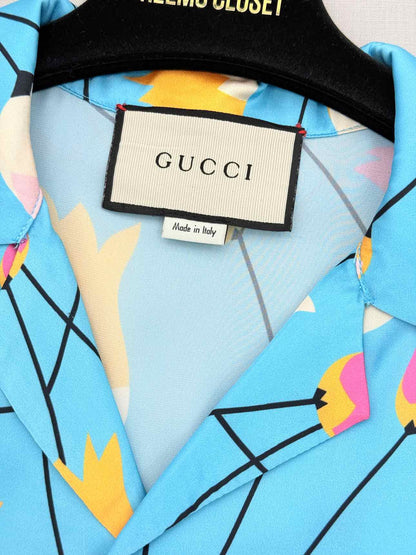 GUCCI 2021 Blue Multicolor Tulip Print Size Small Shirt