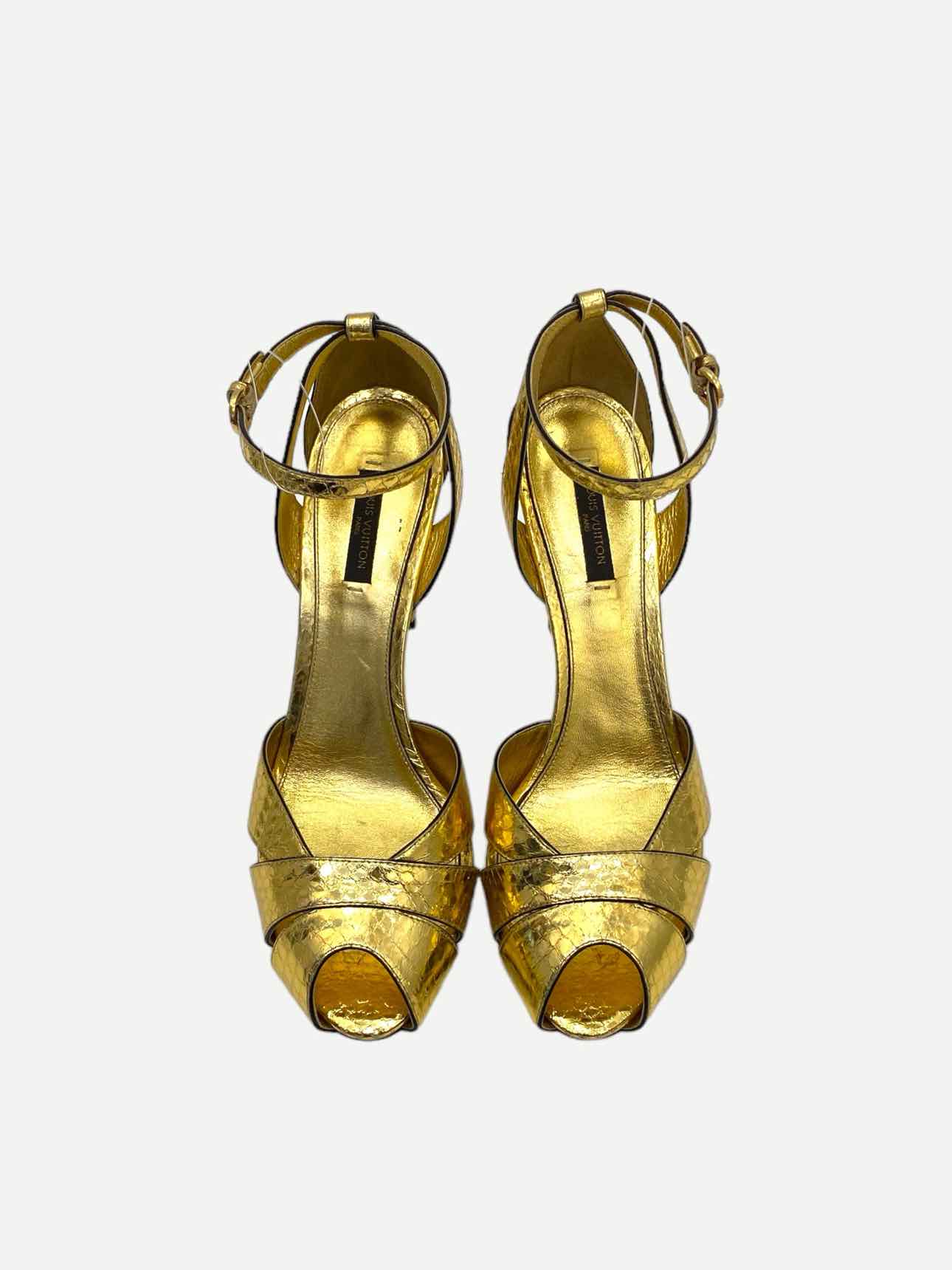 LOUIS VUITTON Ankle Strap Metallic Gold Heeled Sandals