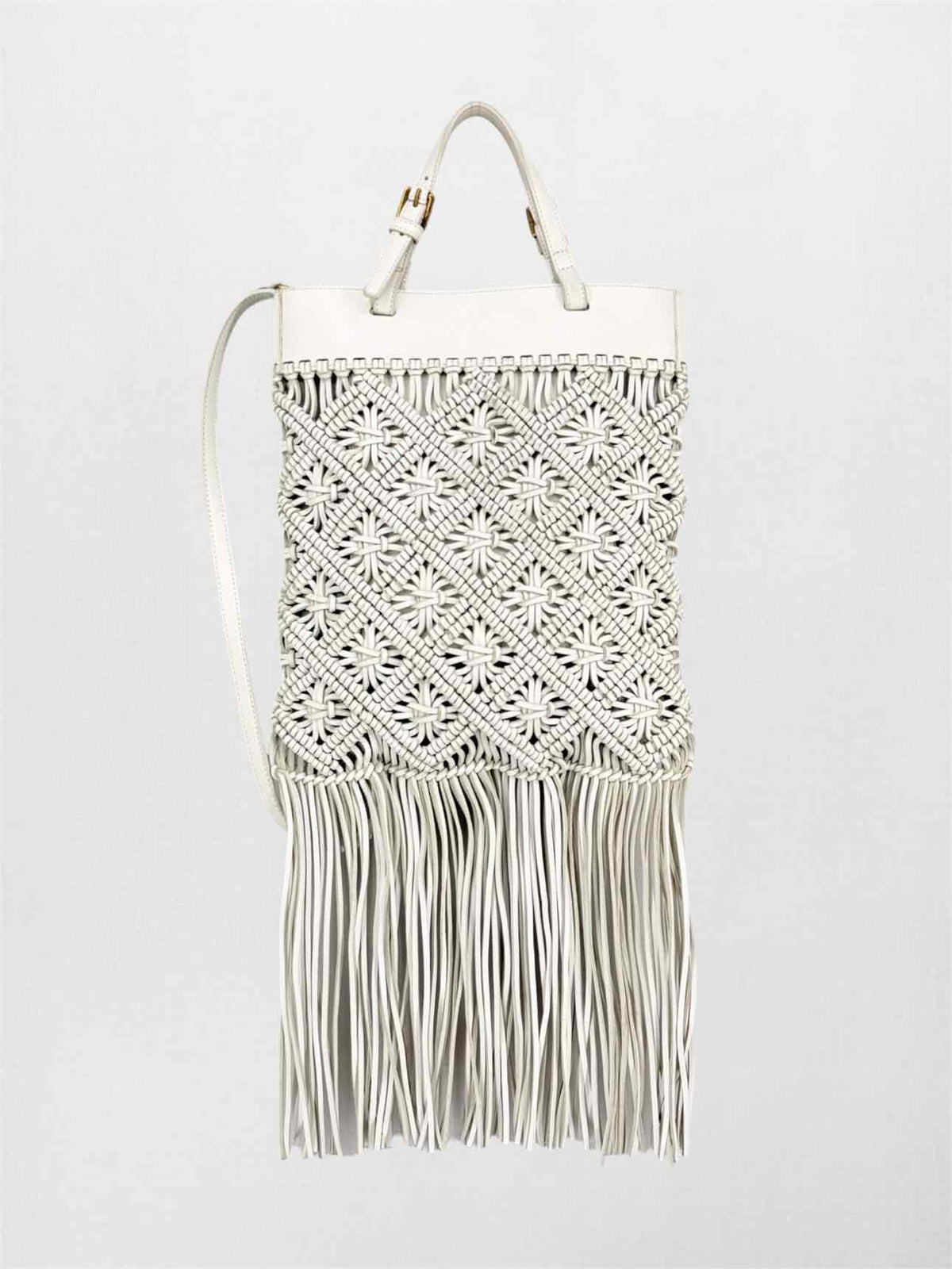 TORY BURCH Macrame Fringe Off-white Woven Crossbody