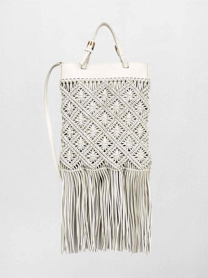 TORY BURCH Macrame Fringe Off-white Woven Crossbody
