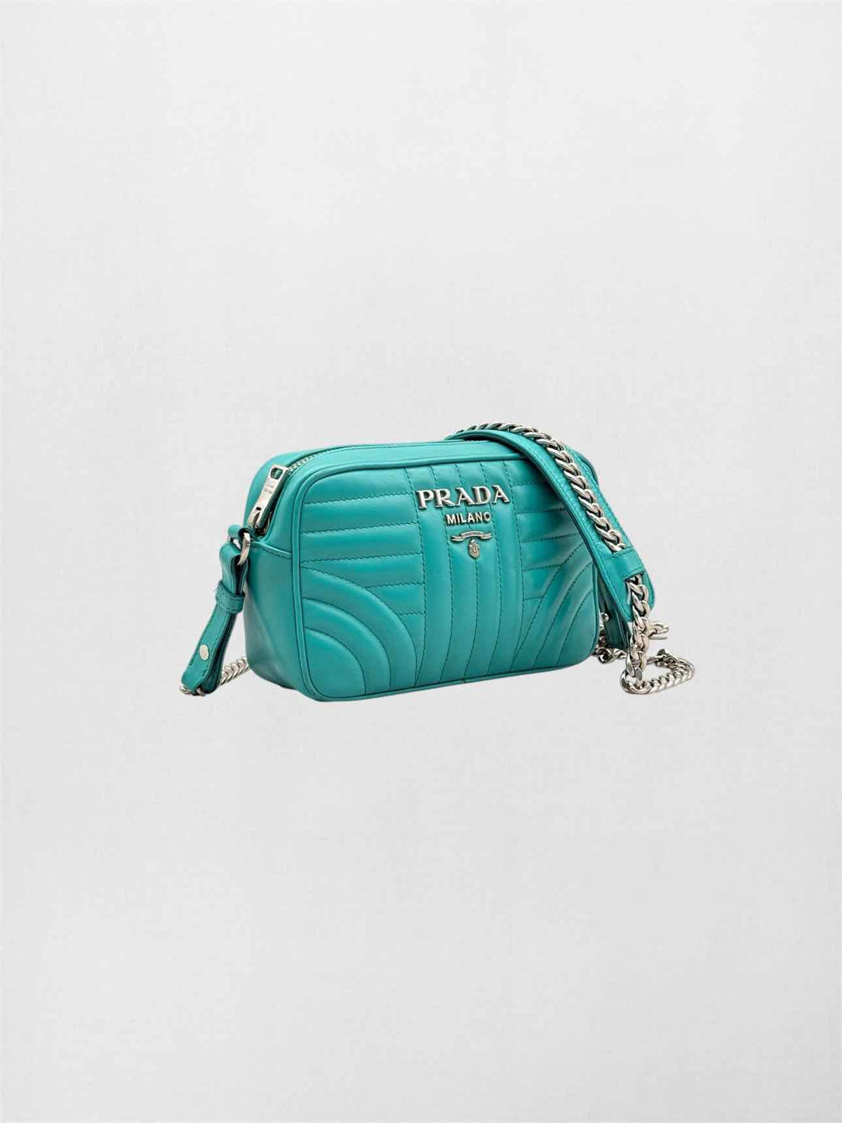 PRADA Diagramme Camera Turquoise Quilted Crossbody