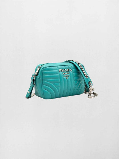 PRADA Diagramme Camera Turquoise Quilted Crossbody