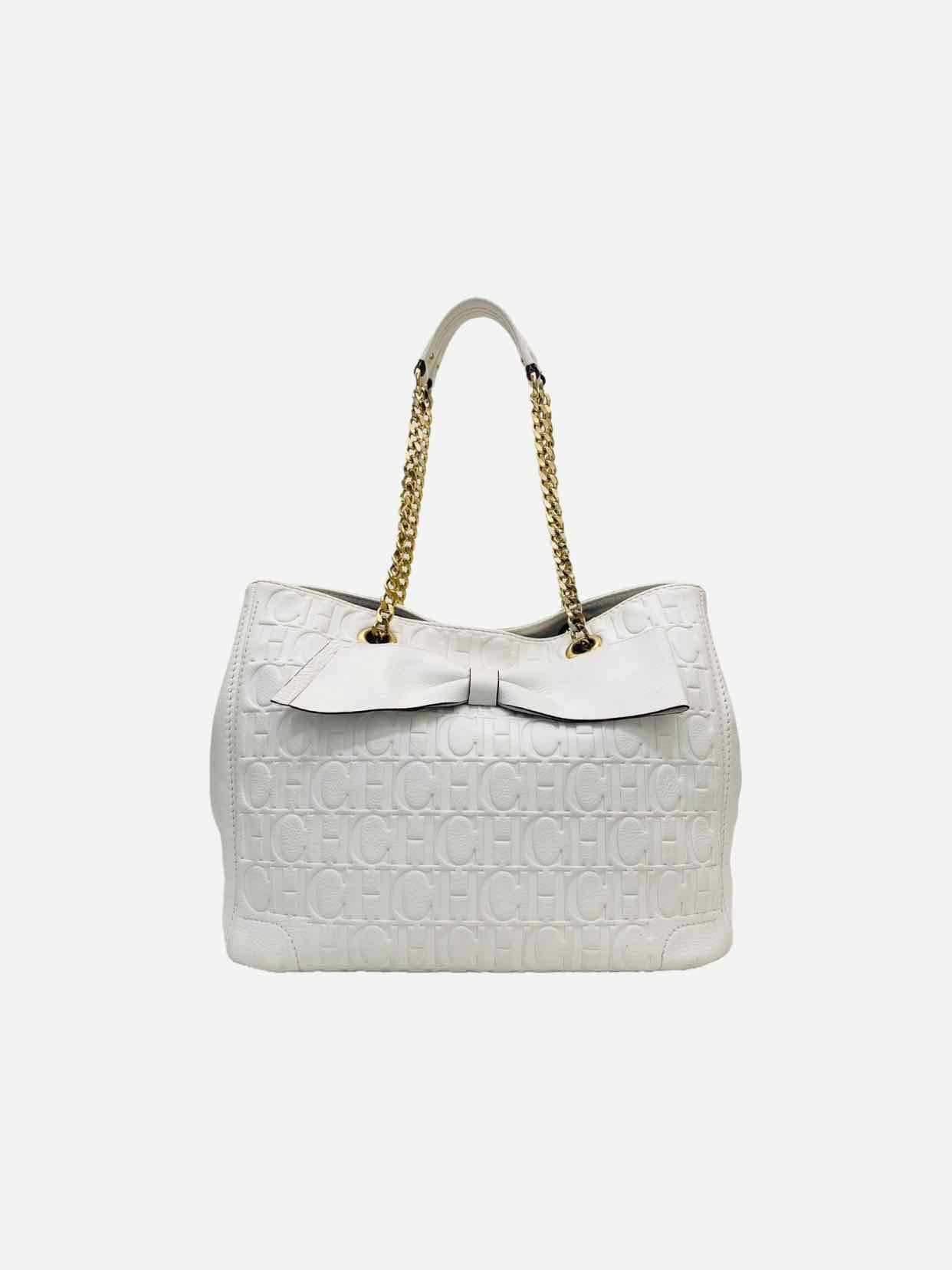 CAROLINA HERRERA Bow White Monogram Embossed Tote Bag