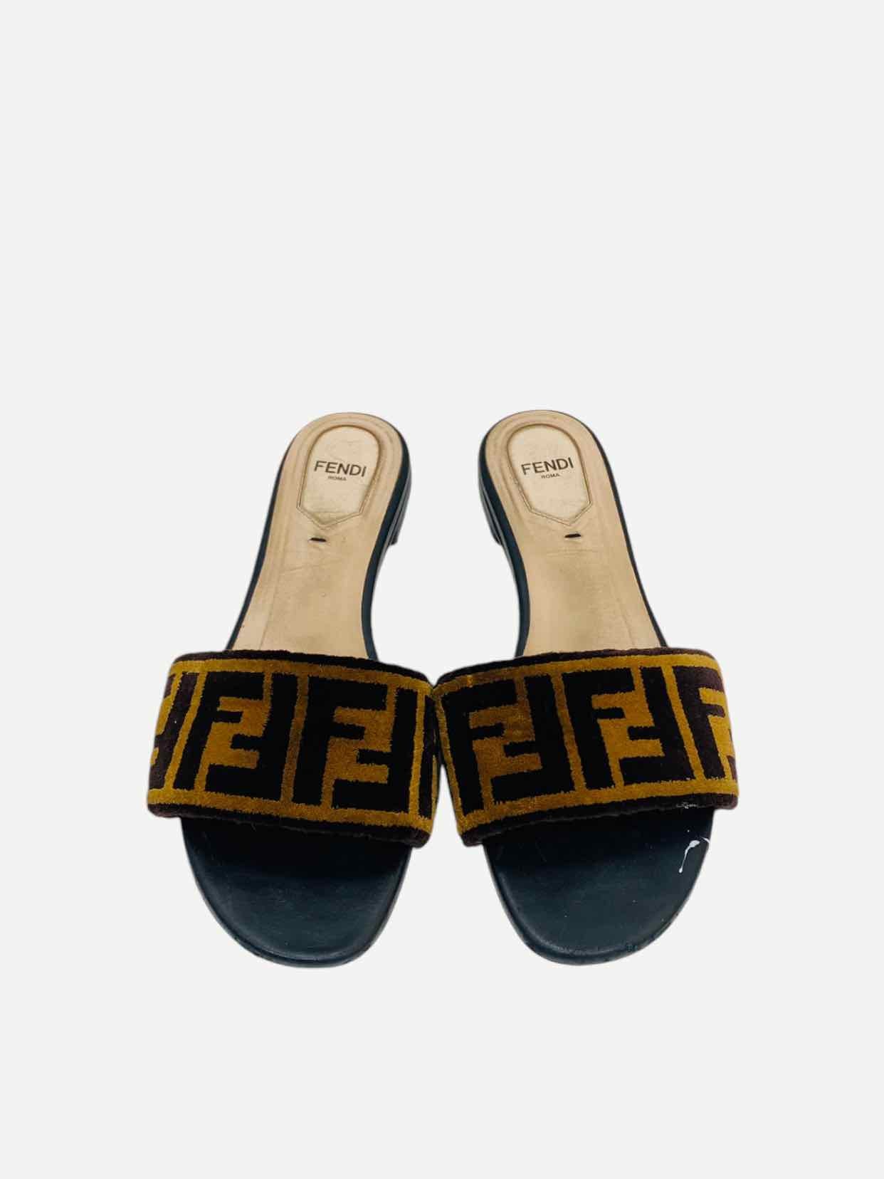 FENDI Velvet Brown & Black FF Motif Slides 37