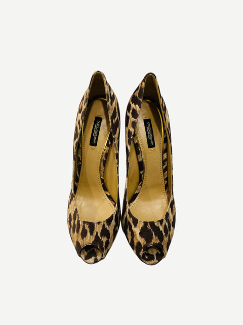 DOLCE & GABBANA Peep Toe Beige & Brown Leopard Pumps