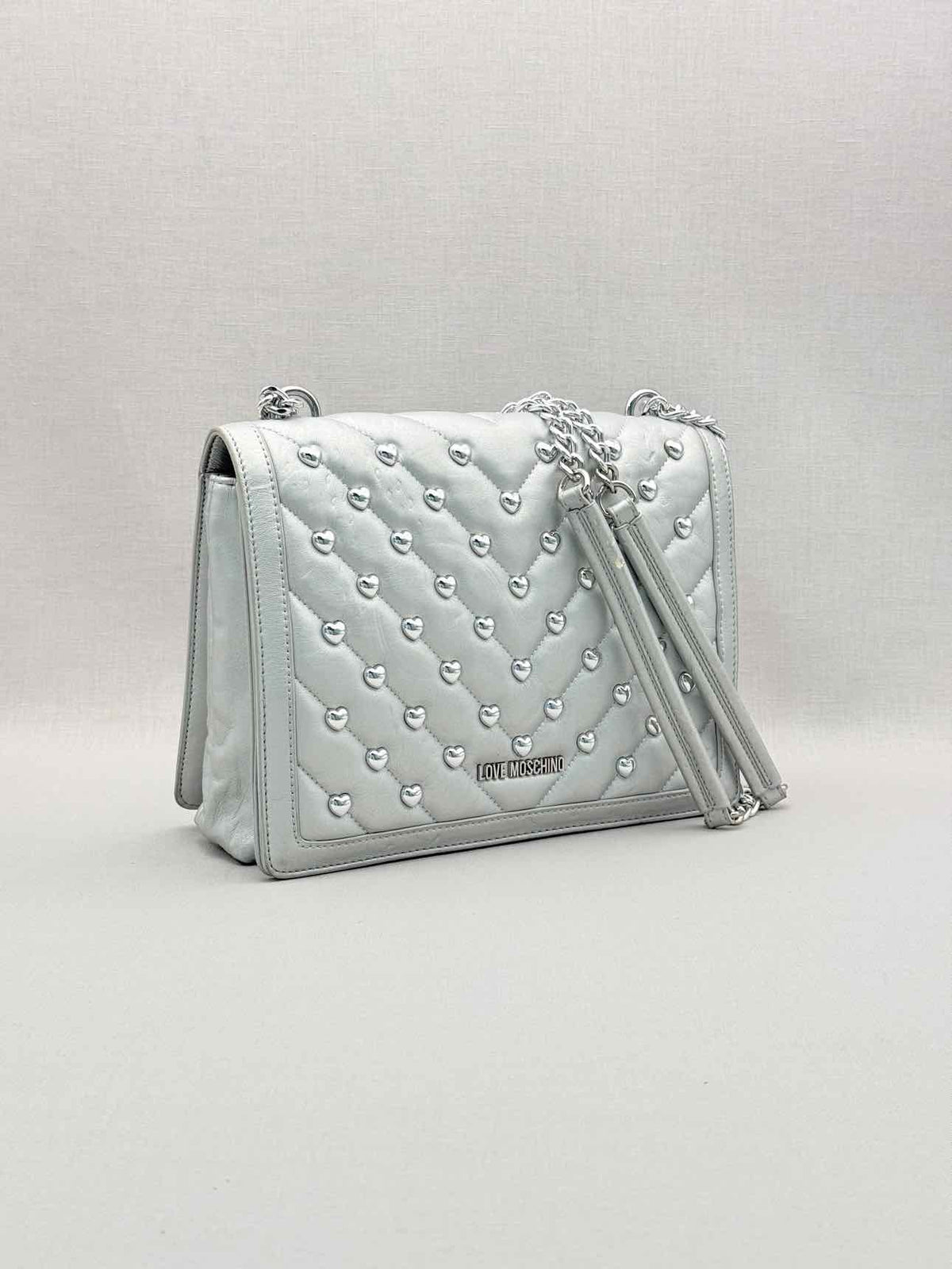 LOVE MOSCHINO Metallic Silver Quilted Shoulder Bag