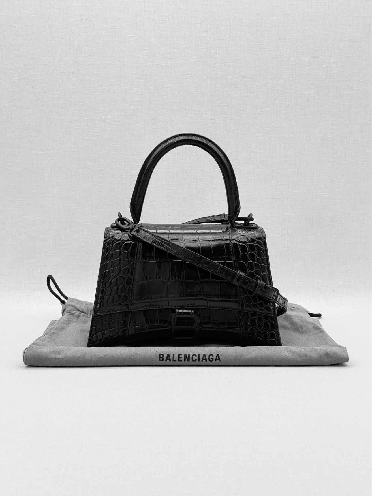 BALENCIAGA Hourglass Black Croc Embossed Top Handle