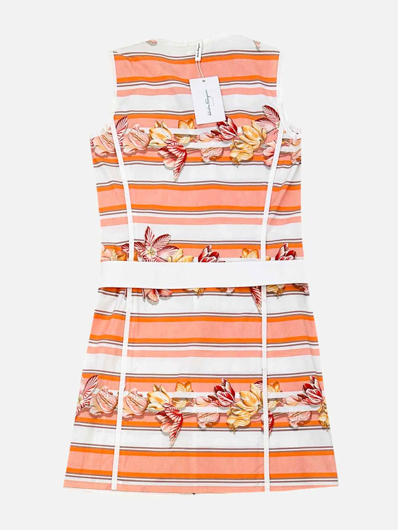 SALVATORE FERRAGAMO Belted White & Orange Mini Dress