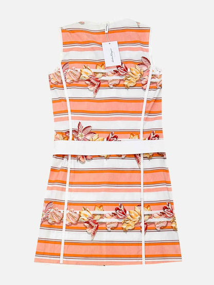 SALVATORE FERRAGAMO Belted White & Orange Mini Dress