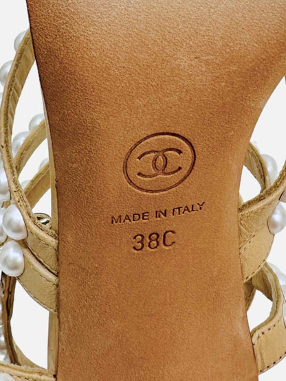 CHANEL Ankle Strap Beige & White Heeled Sandals 38