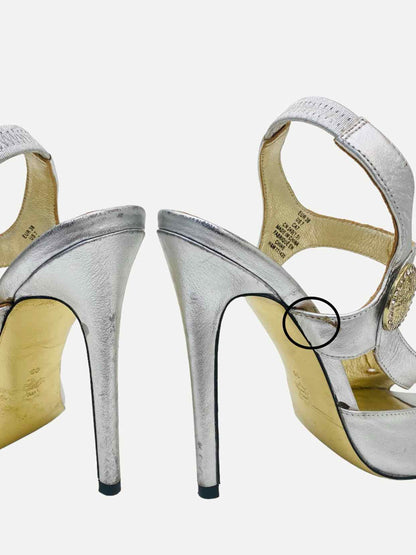 VERSACE Ankle Strap Metallic Silver Heeled Sandals 38