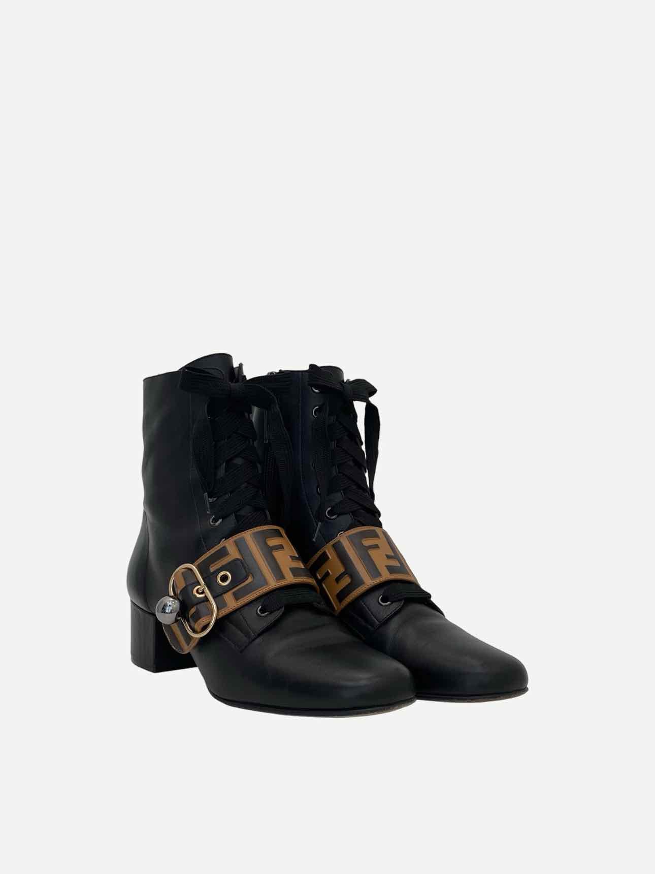 FENDI Lace Up Black FF Motif Ankle Boots 39