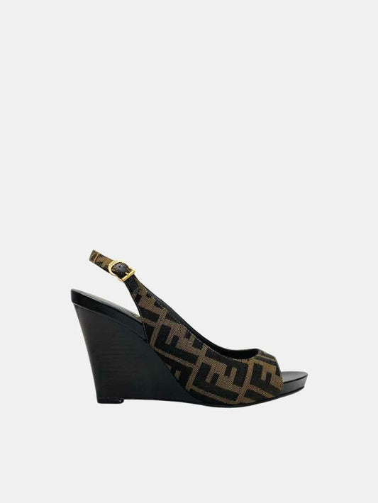 FENDI Slingback Black & Brown FF Motif Wedges 39