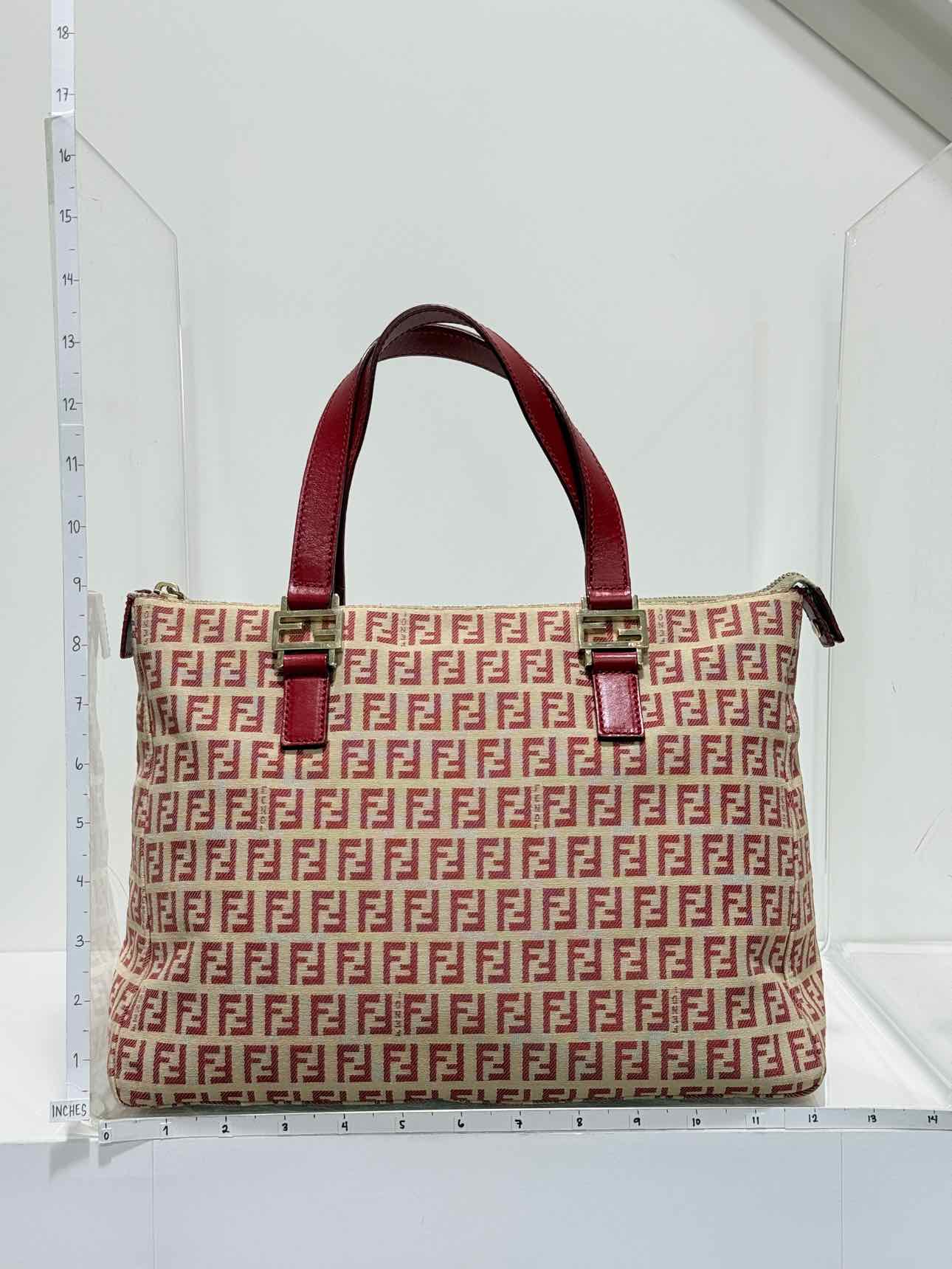 FENDI Shopping Cream & Burgundy Zucchino Tote Bag