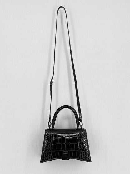 BALENCIAGA Hourglass Black Croc Embossed Top Handle