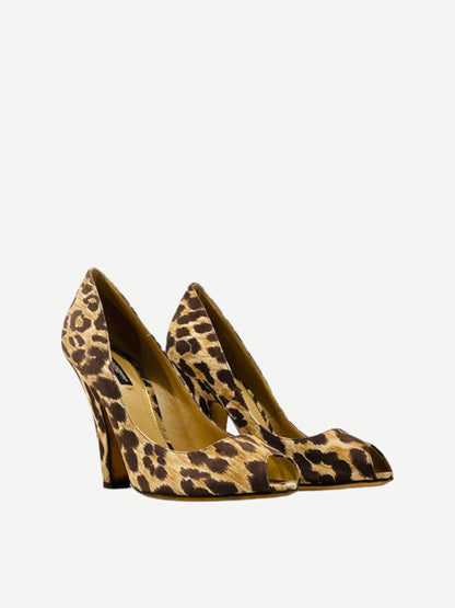 DOLCE & GABBANA Peep Toe Beige & Brown Leopard Pumps