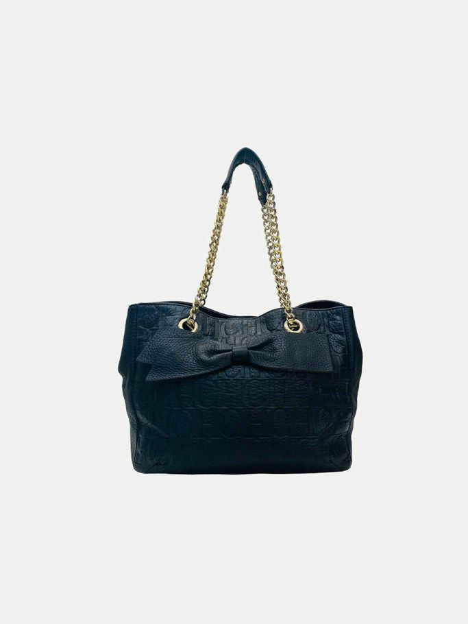 CAROLINA HERRERA Bow Navy Blue Logo Shoulder Bag