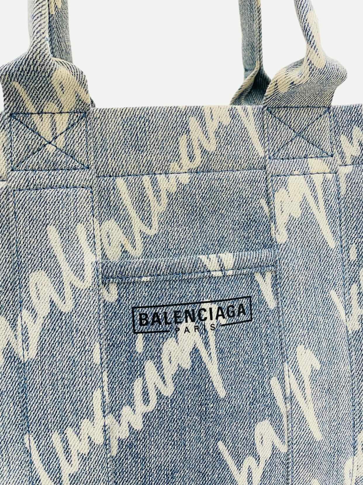 BALENCIAGA Scribble Blue & White Logo Tote Bag