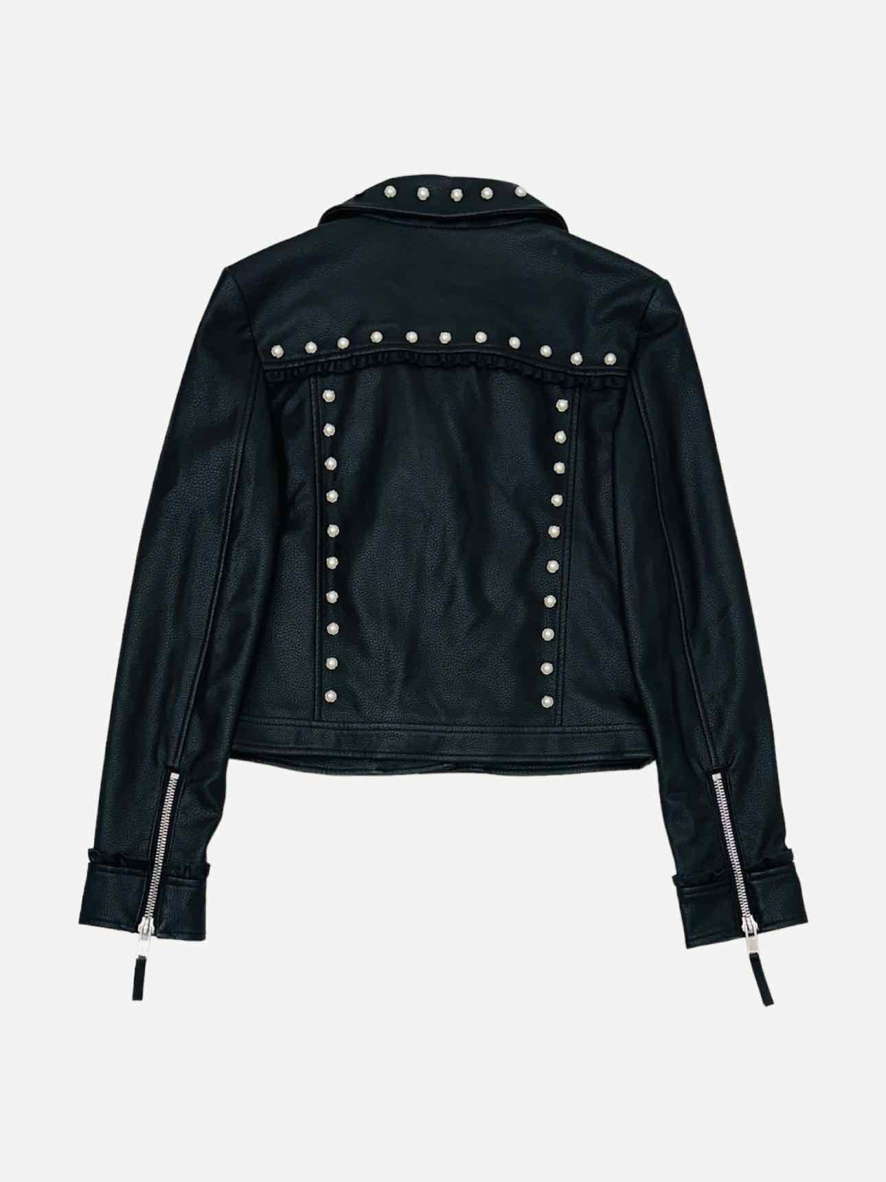 TWIN-SET Leather Black Pearl Embellished Jacket