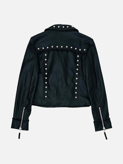 TWIN-SET Leather Black Pearl Embellished Jacket